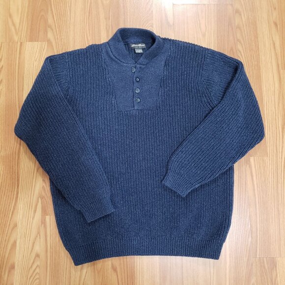 VTG Eddie Bauer Ribbed Knit Henley Sweater Blue Preppy Academia Outdoor Mens XL - Picture 3 of 8
